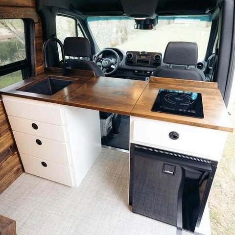 French Cream lightweight cooking camper van trailer kitchen cabinets fireproof motorhome rv custom furniture