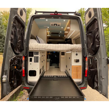 Professional Camper Van Renovation Design External Pull Out Storage Table Aluminum Furniture
